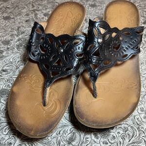 Clarks Shoes Women's Size 7m‎ Cork Sole Wedge Black Leather Lace Thong Sandal